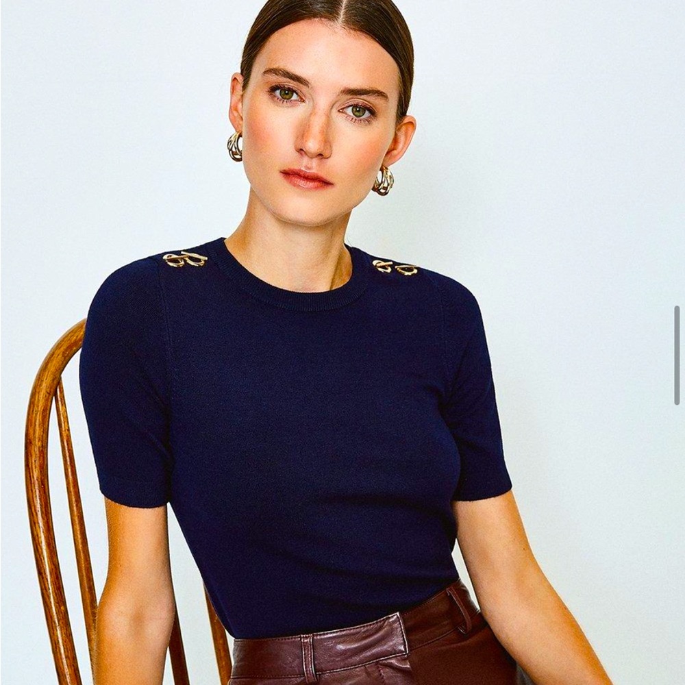 Karen Millen Short Sleeve Trim Detail Knitted Top in Navy size XS